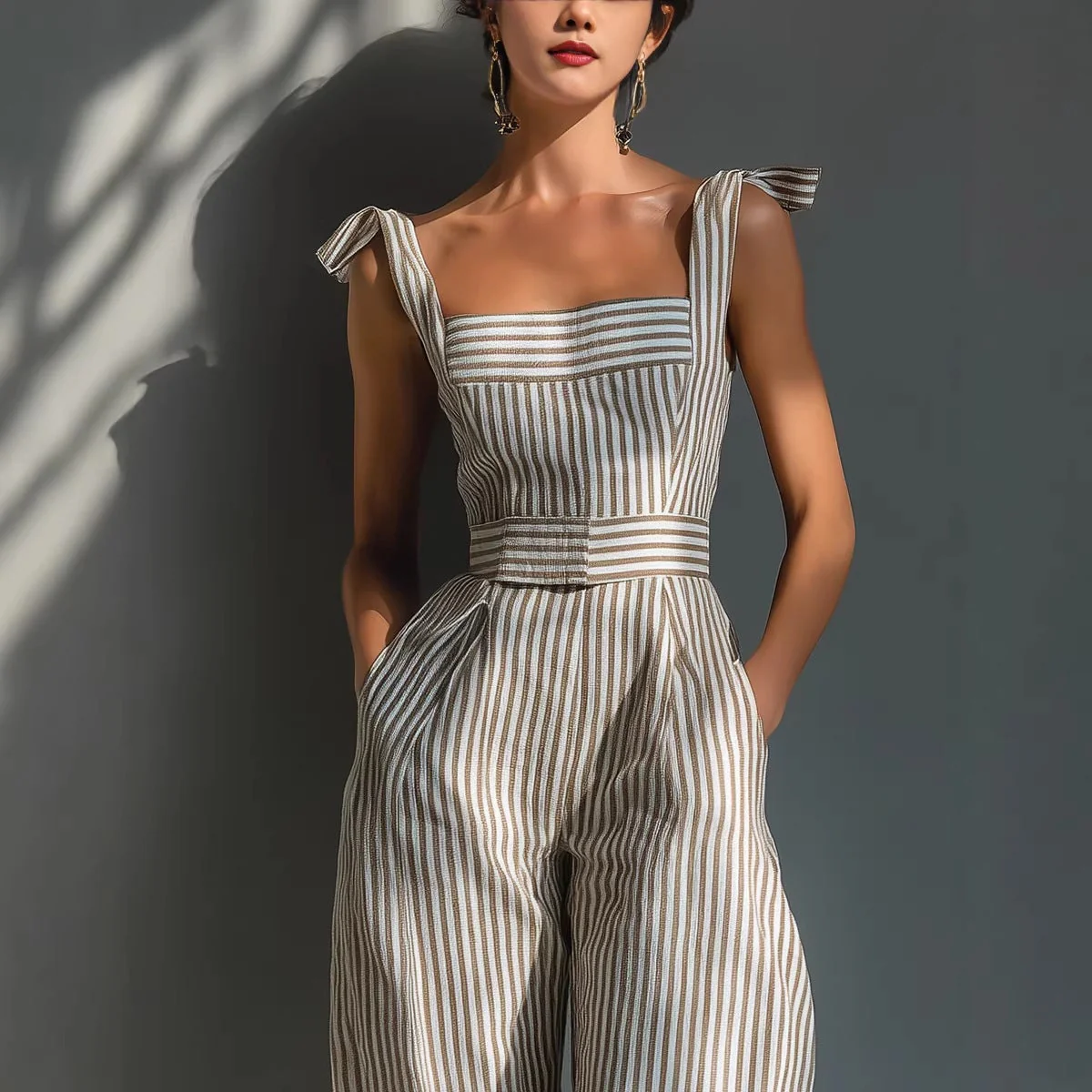 Women's Striped Linen Sleeveless Wide-Leg Jumpsuit - Image 5