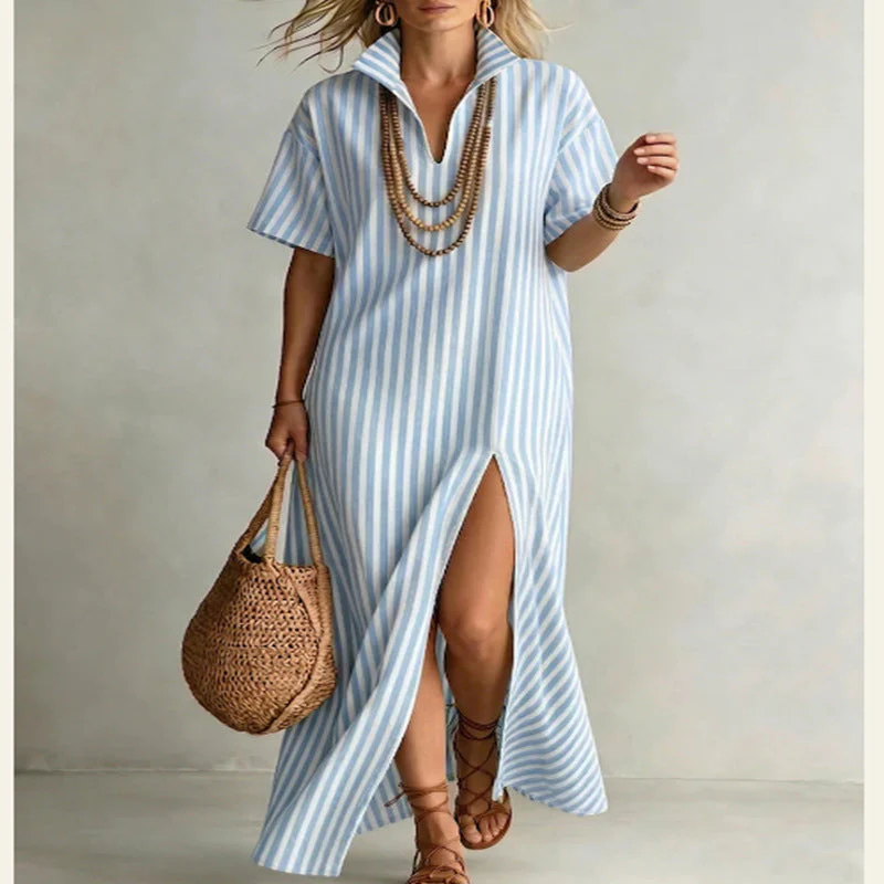 Women's Striped Slit Cotton-Linen Maxi Dress – V-Neck Short Sleeve - Image 4