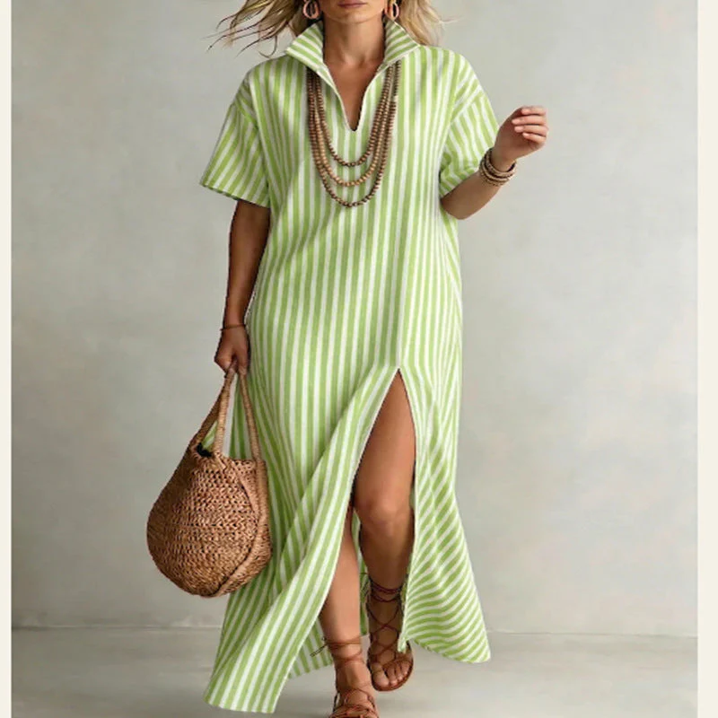 Women's Striped Slit Cotton-Linen Maxi Dress – V-Neck Short Sleeve - Image 6