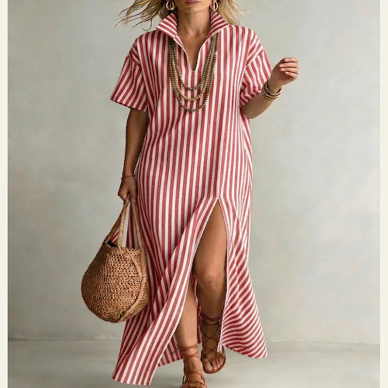 Women's Striped Slit Cotton-Linen Maxi Dress – V-Neck Short Sleeve - Image 7