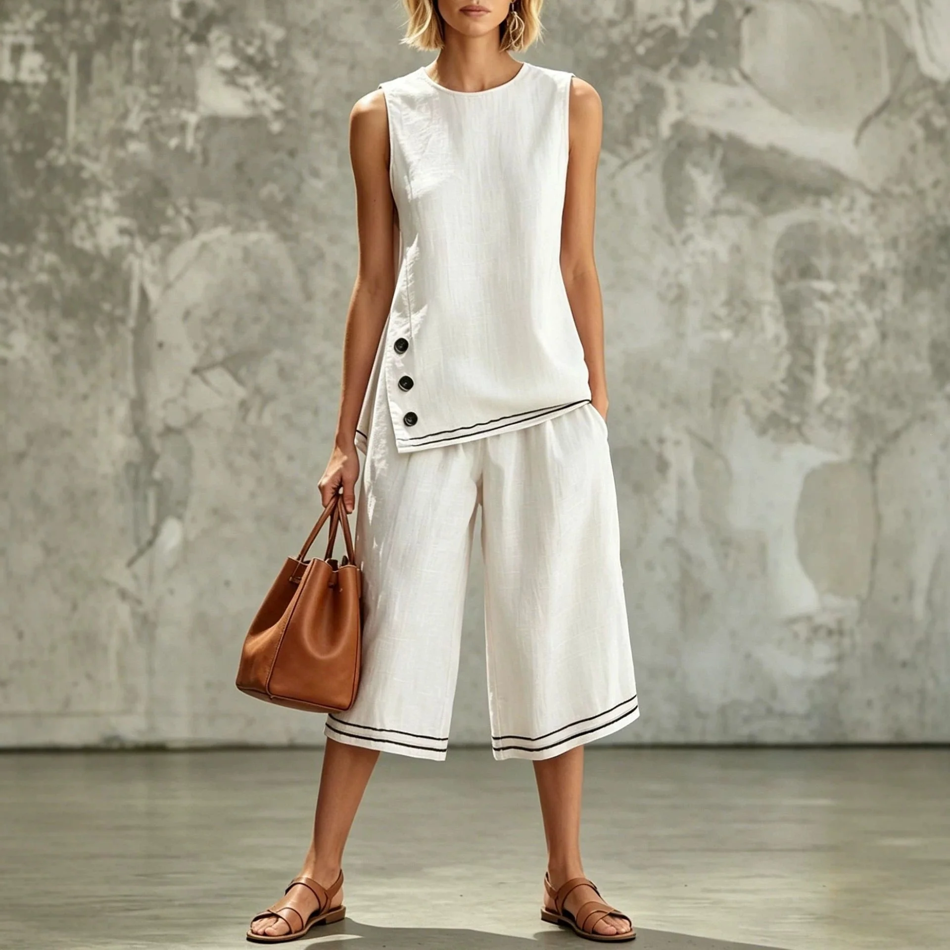 Women's Tank Top & Wide-Leg Pants Set – Side Split, Pockets, Buttons - Image 2