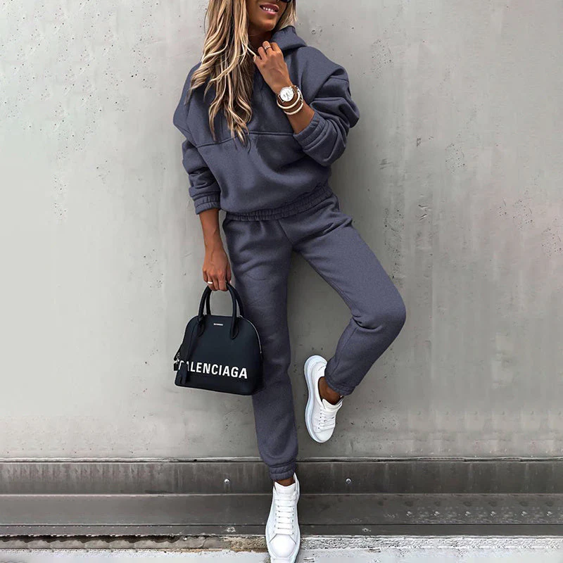 women's two piece solid color hooded sweatshirt set - Image 11