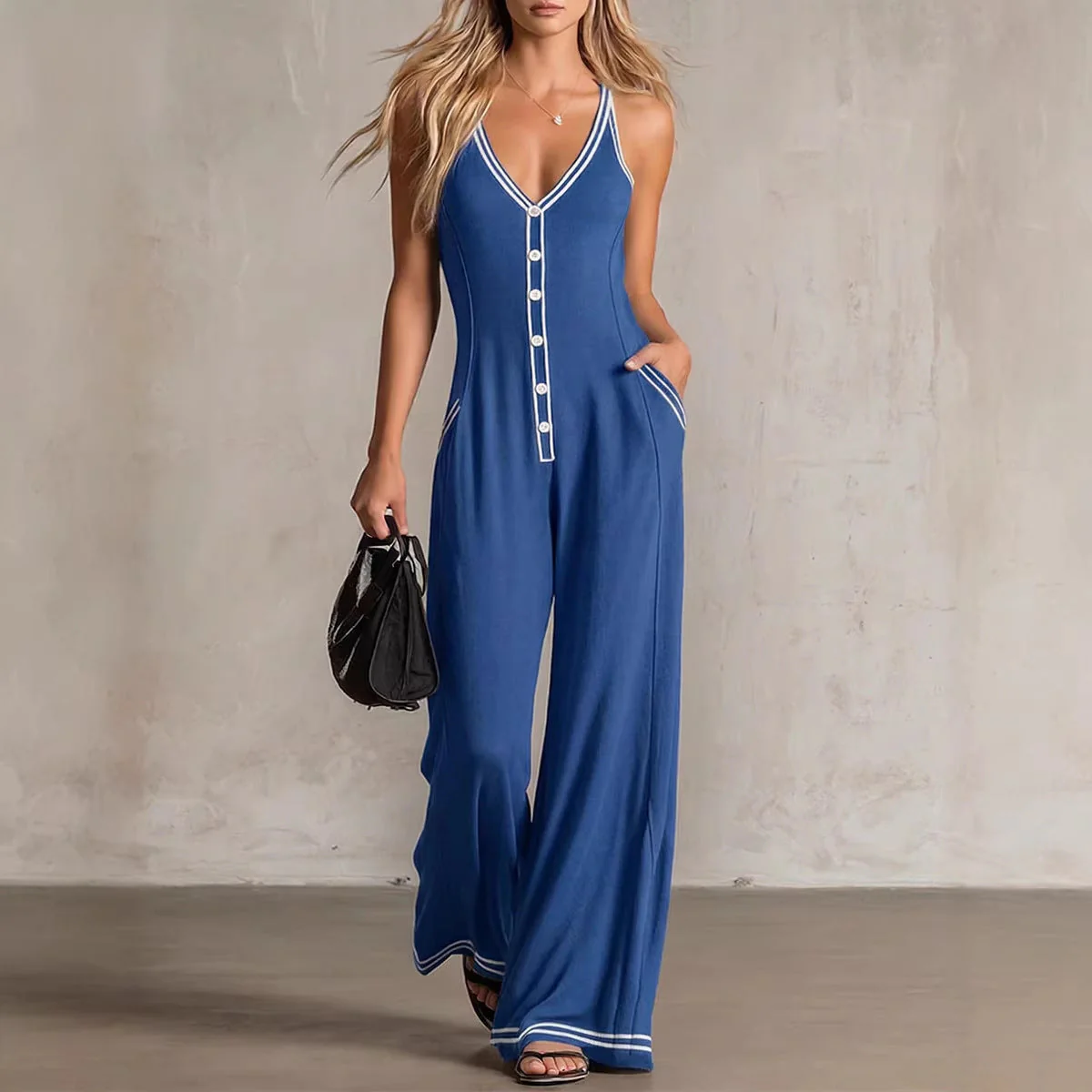 Women's V-Neck Backless Wide-Leg Jumpsuit – High Waist Casual - Image 3