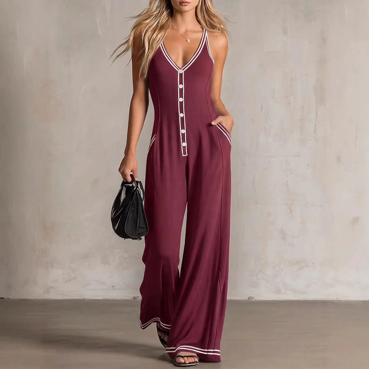 Women's V-Neck Backless Wide-Leg Jumpsuit – High Waist Casual - Image 5