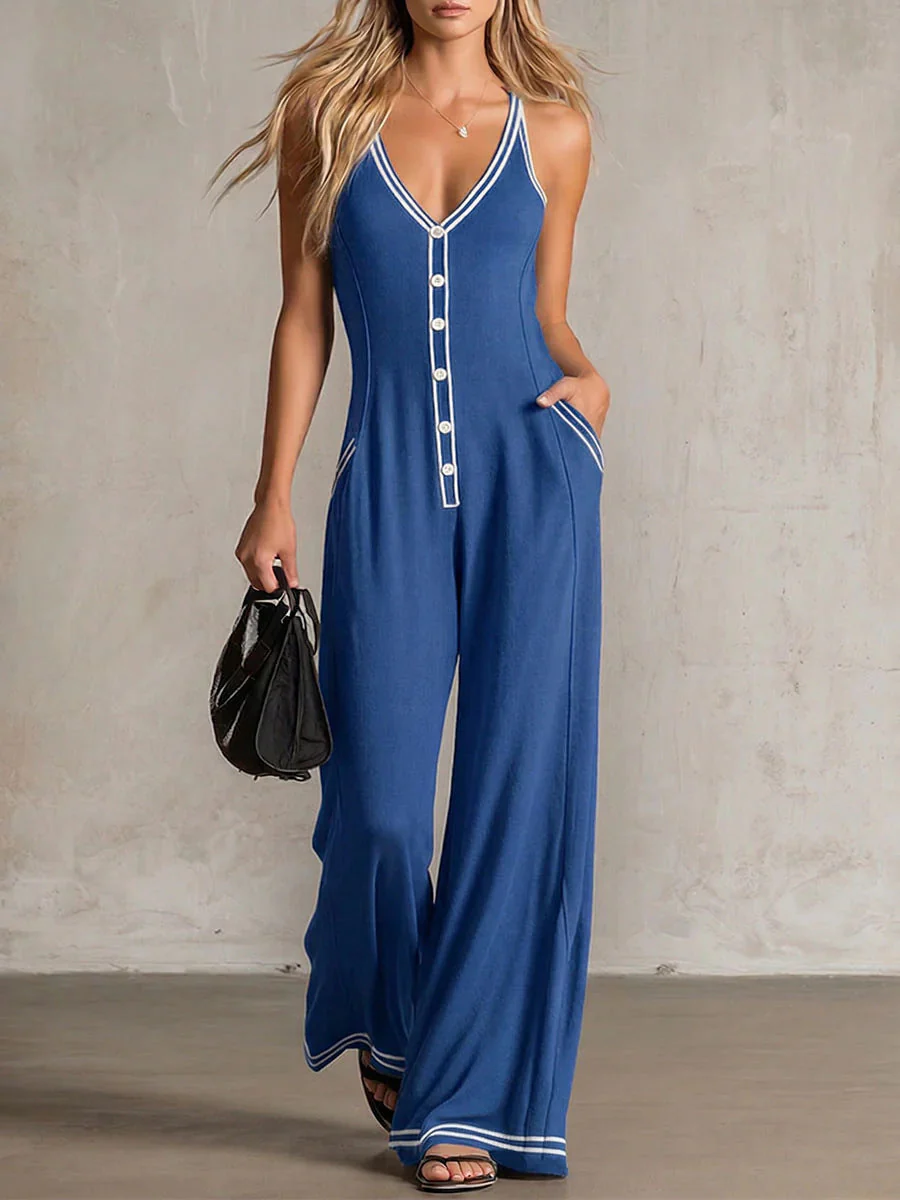 Women's V-Neck Backless Wide-Leg Jumpsuit – High Waist Casual - Image 7