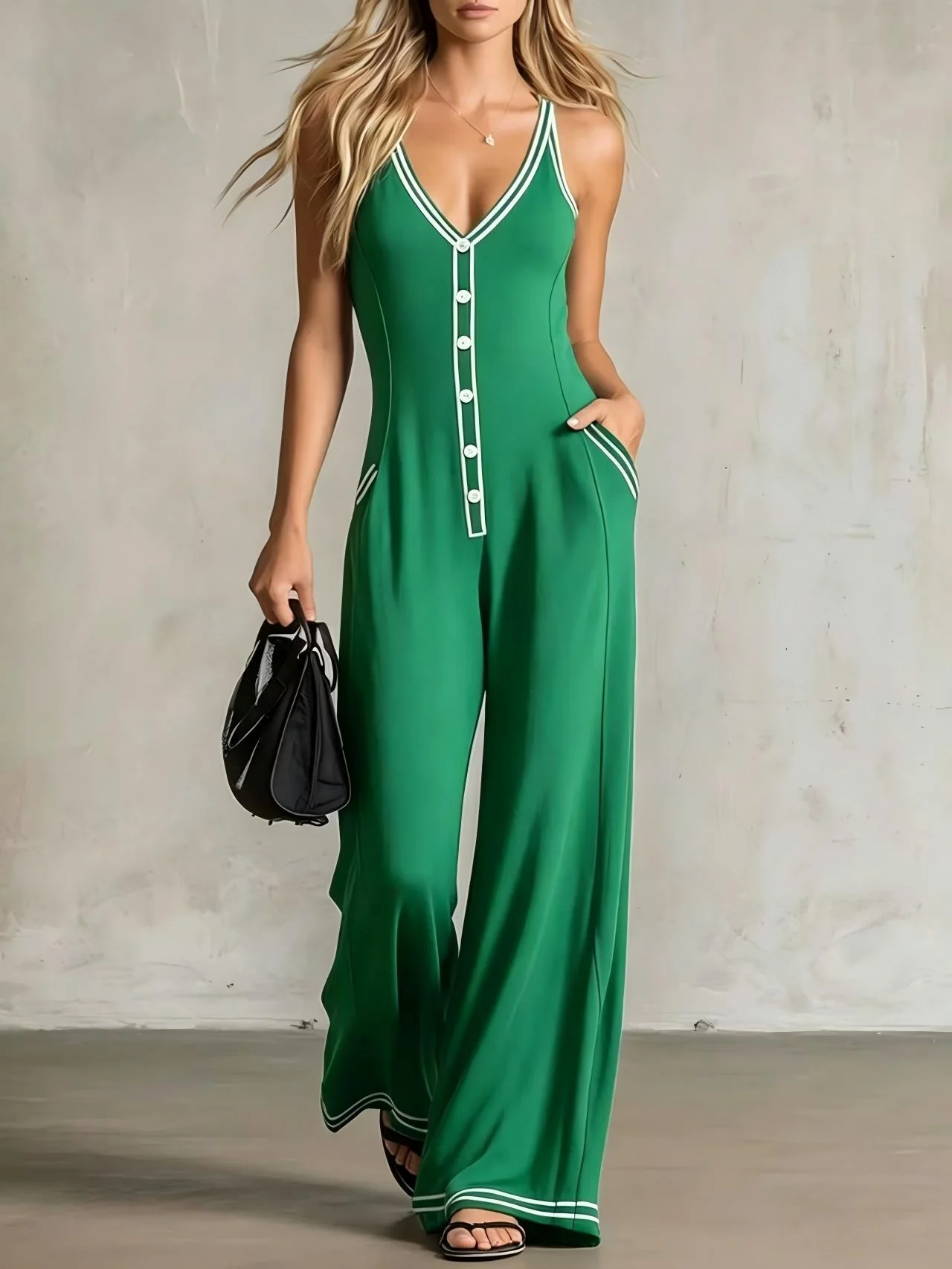 Women's V-Neck Backless Wide-Leg Jumpsuit – High Waist Casual - Image 9