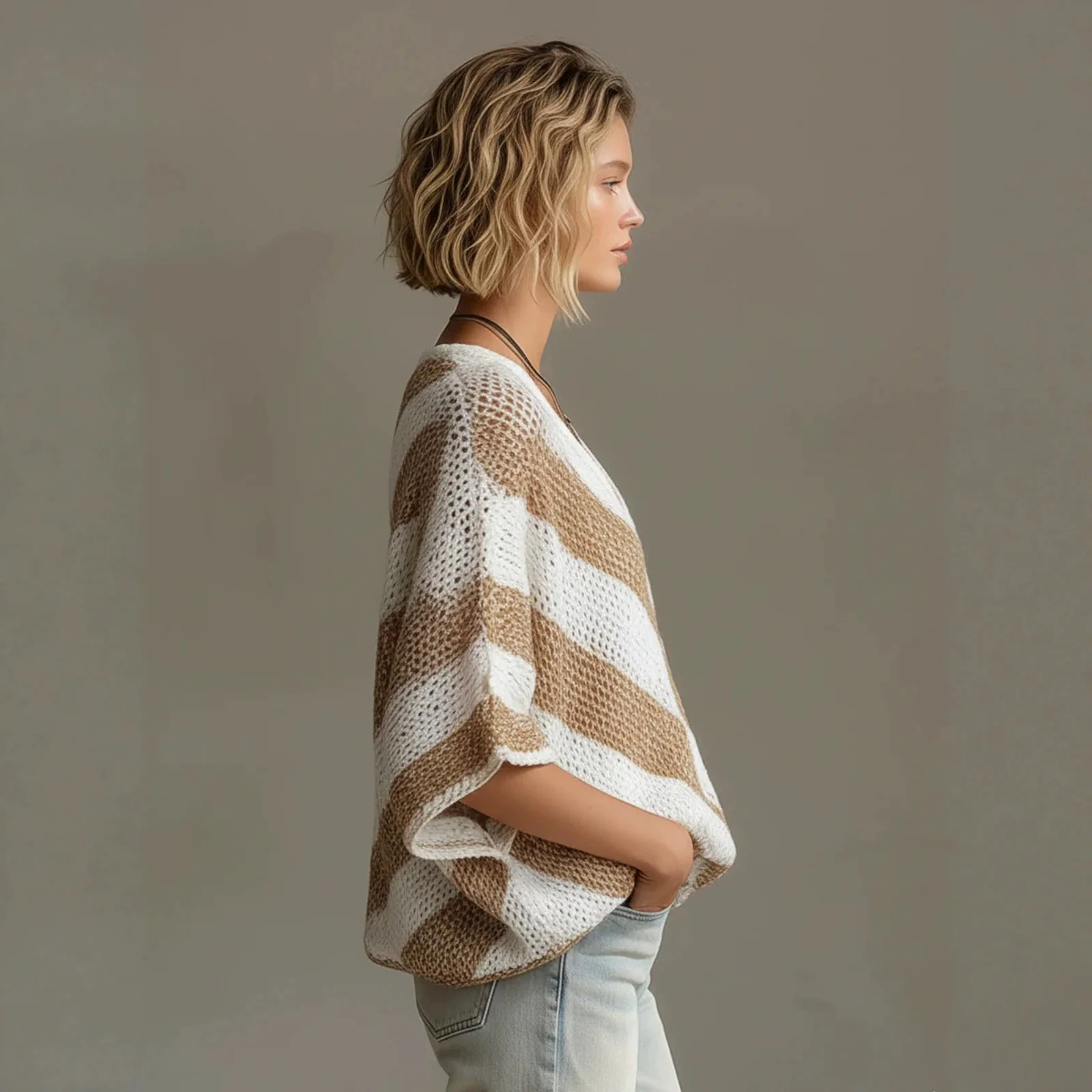 Women's V-Neck Knit Sweater – Loose Fit, Drop Shoulder, 3/4 Sleeve - Image 4