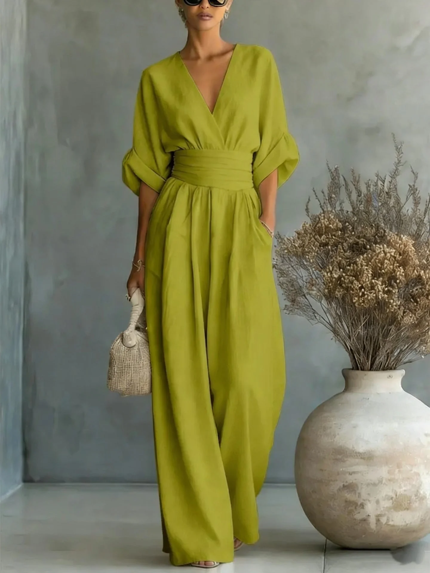 Women's V-Neck Wide-Leg Jumpsuit – High Waist Pleated Elegant 11 Colors S–5XL - Image 7