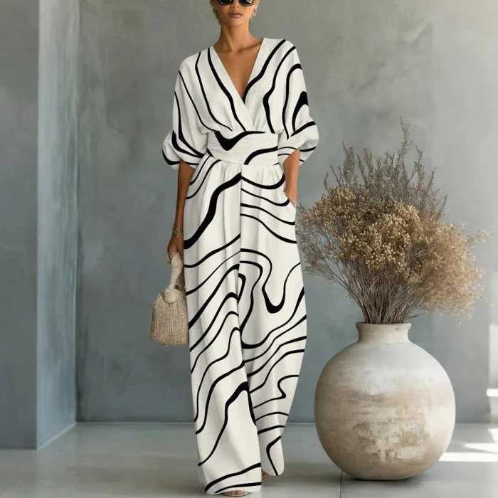 Women's Waist-Cinched V-Neck Printed Wide-Leg Jumpsuit - Image 4