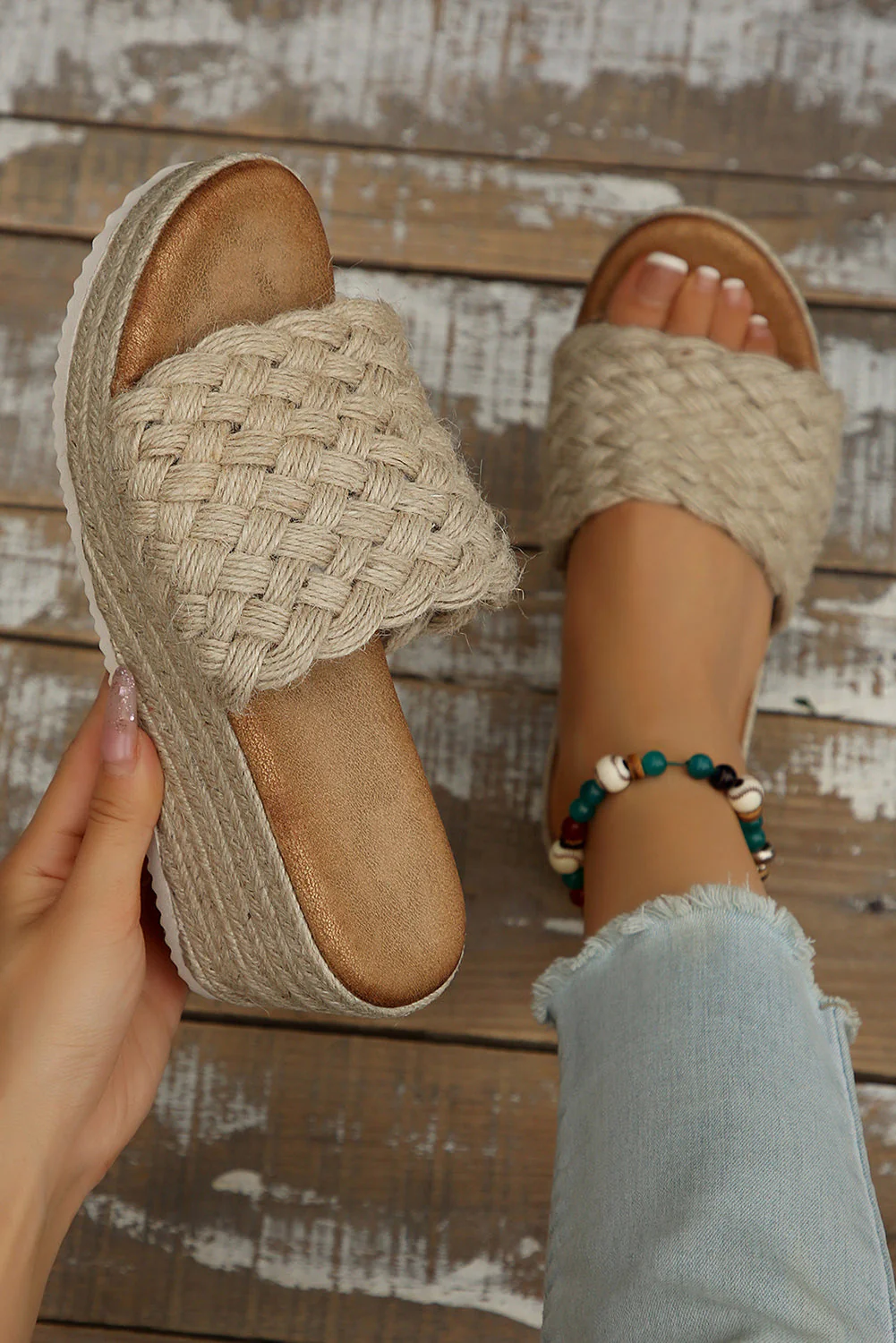 Threaded Pear Woven Wide Band Platform Slippers - Image 3