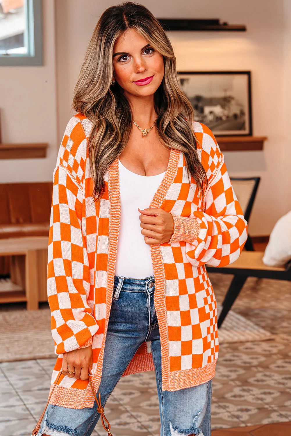 Threaded Pear Wrenley Checkered Open Front Drop Shoulder Cardigan - Image 4