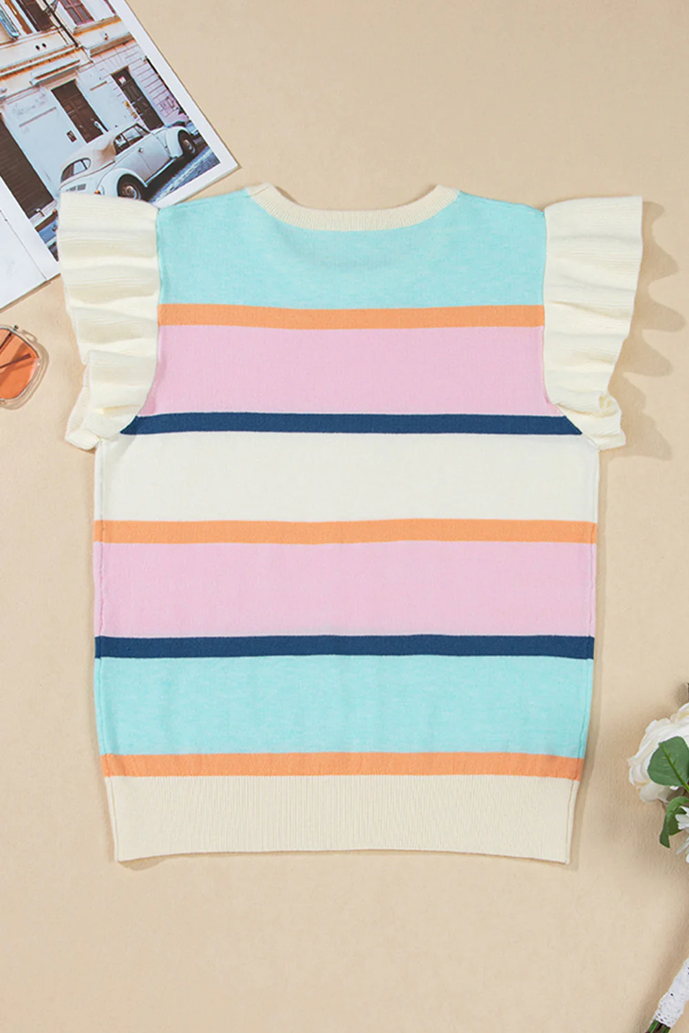 Threaded Pear Yasmin Striped Flutter Sleeve Patchwork Top - Image 8
