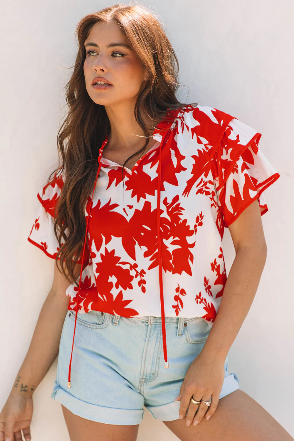 Threaded Pear Zoya Tiered Ruffled Sleeve V Neck Blouse - Image 6